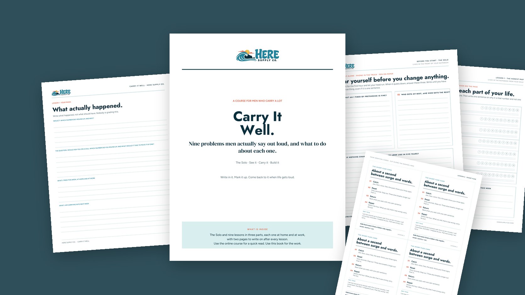 The Carry It Well course book and printed sheets fanned out on a table